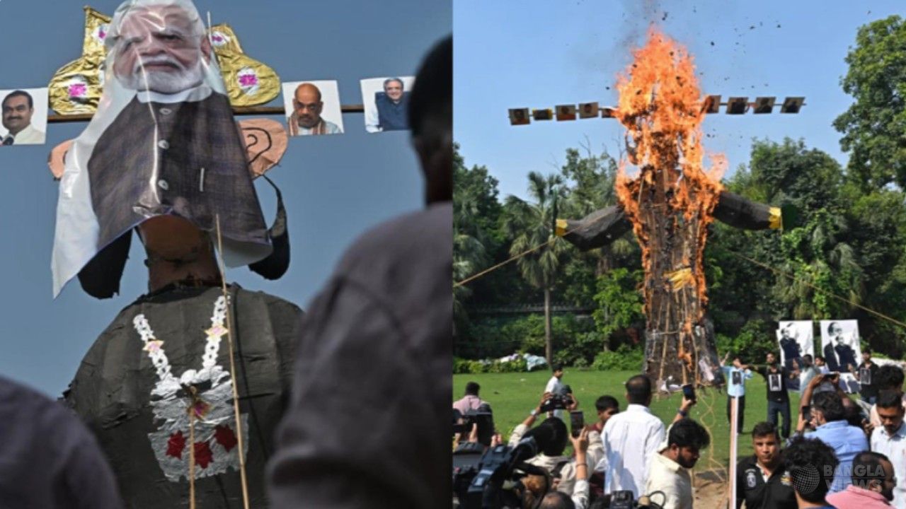 দিল্লিতে মোদি ও অমিত শাহের ছবিযুক্ত রাবণের কুশপুত্তলিকা দাহ
